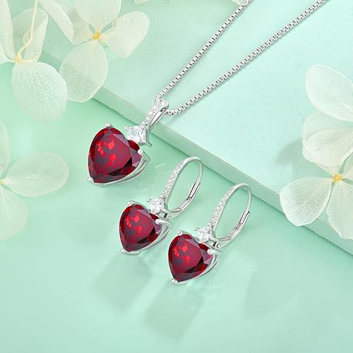Miniatura 5 de STARCHENIE Heart Garnet Necklace Earrings for Women 925 Sterling Silver Lover Heart Leverback Earrings Birthstone Pendant Jewelry Gift Set for Her