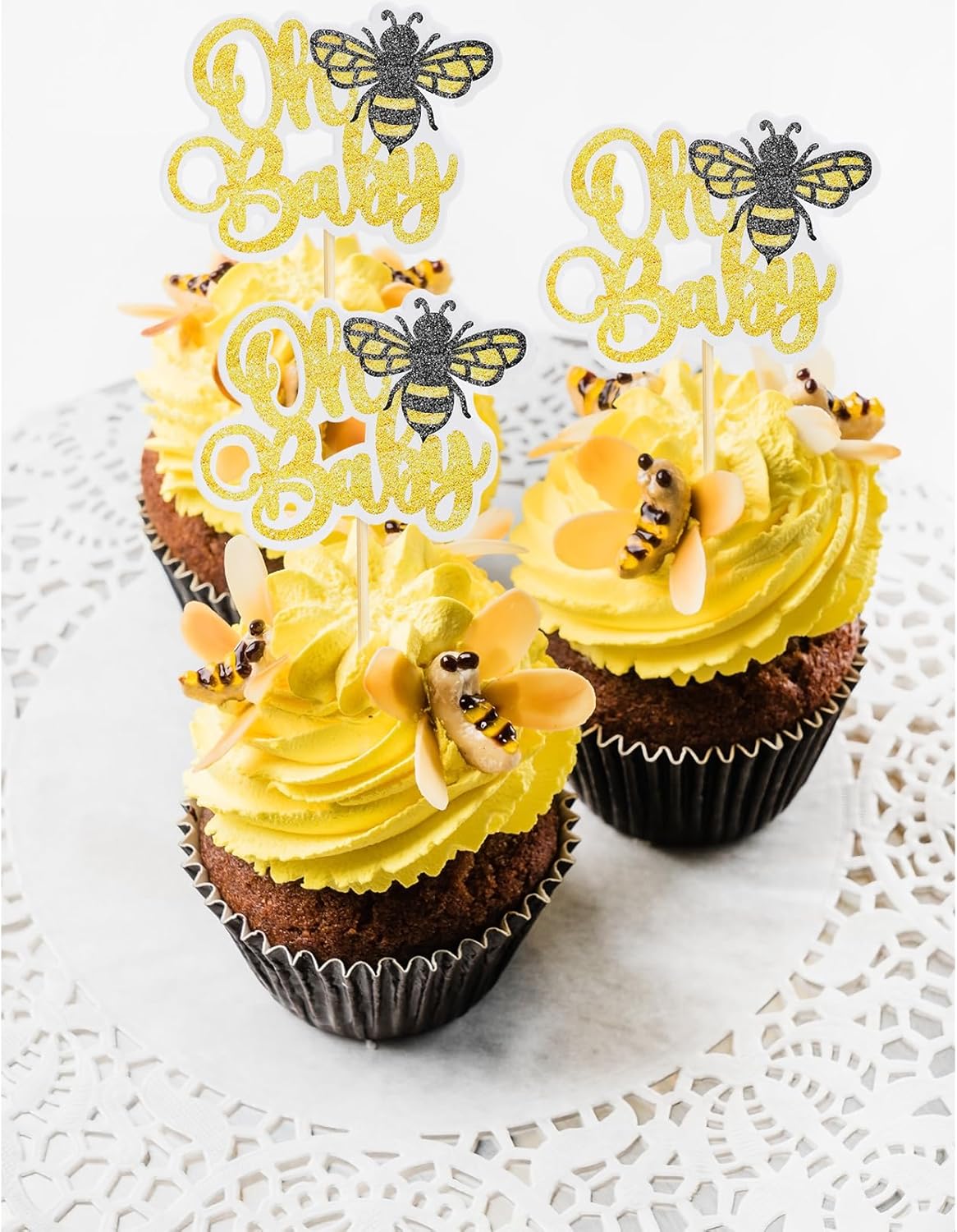 24Pcs Bumble Bee Cupcake Toppers Glitter Oh Babee Cupcake Picks Decorations for Bee Theme Baby Shower Kids Birthday Party Decorations Supplies White