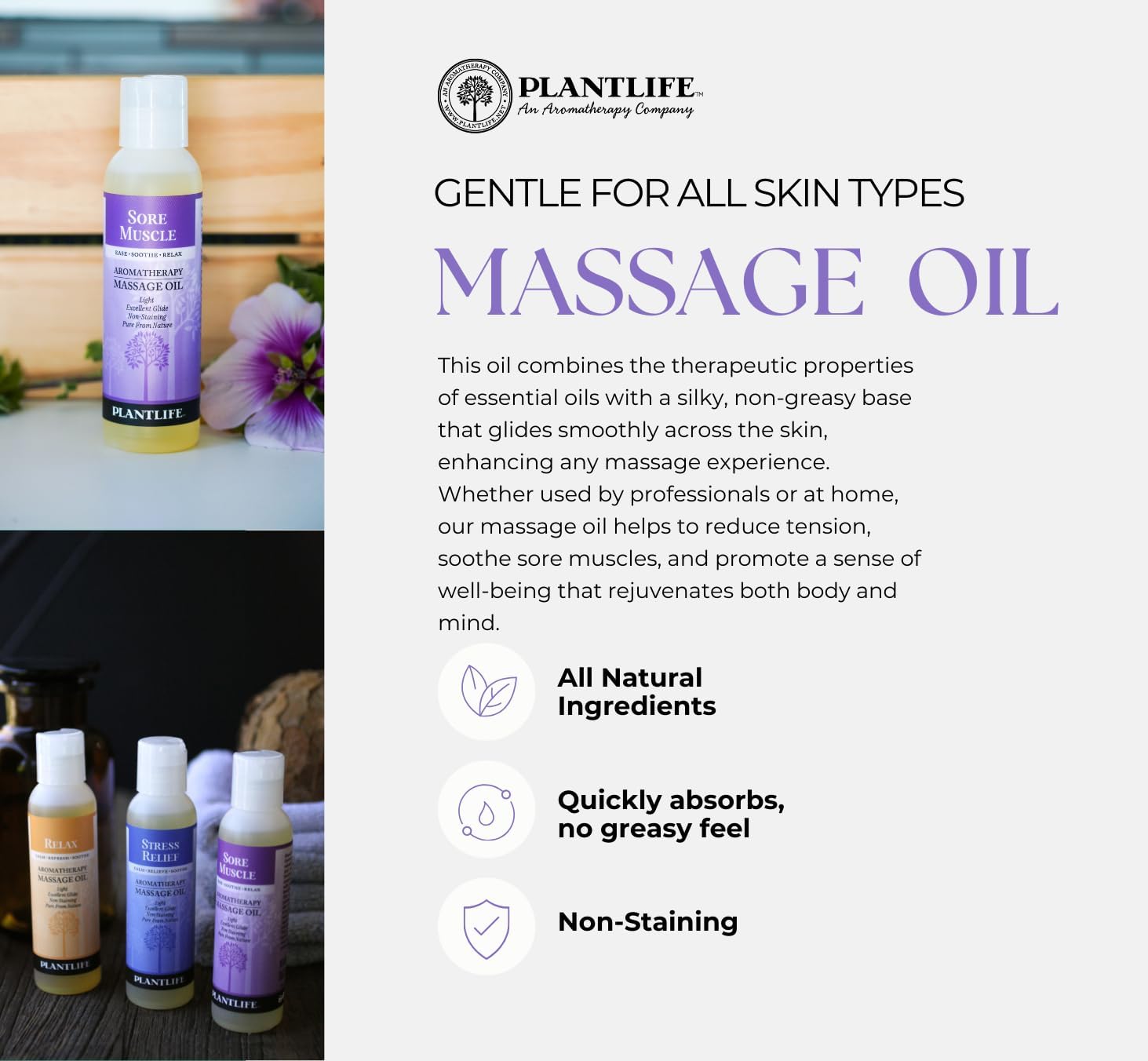 Plantlife Massage Oil 4-Pack - Absorbs Deeply into The Skin and is Circulated Throughout, Providing Optimum Benefit to The Mind and Body - Made in California 4 oz