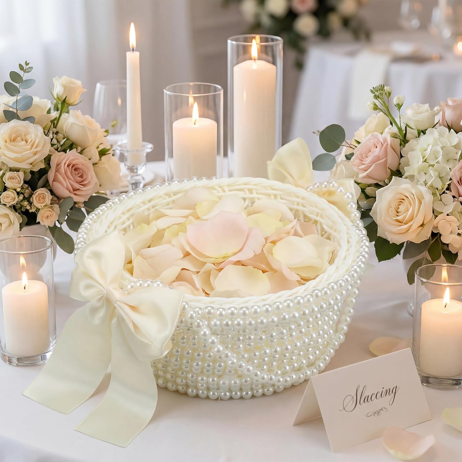 Willinglong Pearl Flower Girl Basket Wedding Basket with Cute Pearl Handle Bowknot Satin Small White Ivory Baskets for Wedding Ceremony Party Flower Girls