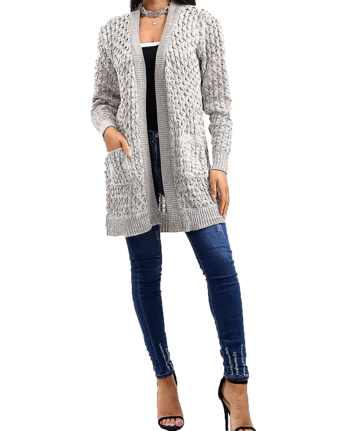 FAIRY BOUTIQUE Ladies Long Sleeve Marl Chunky Knitted Boyfriend Cardigan Womens Open Baggy 2 Pocket Sweater (Beige Marl UK 16-18)