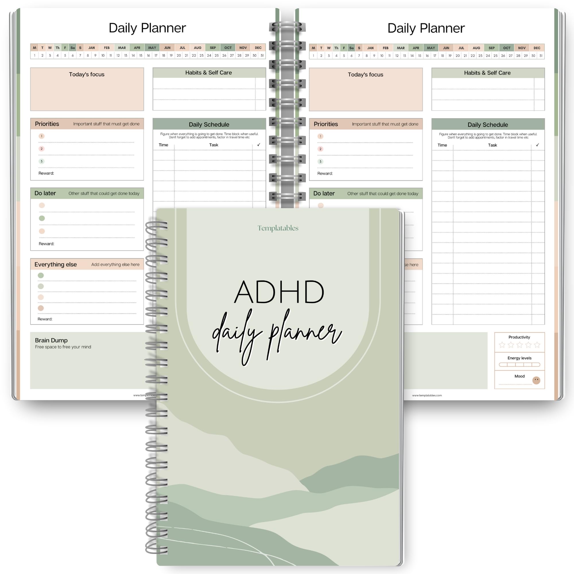 ADHD Daily Planner for Neurodivergent Adults - Productivity Daily Planner & Task Management to Stay Organized and Focused (Green)