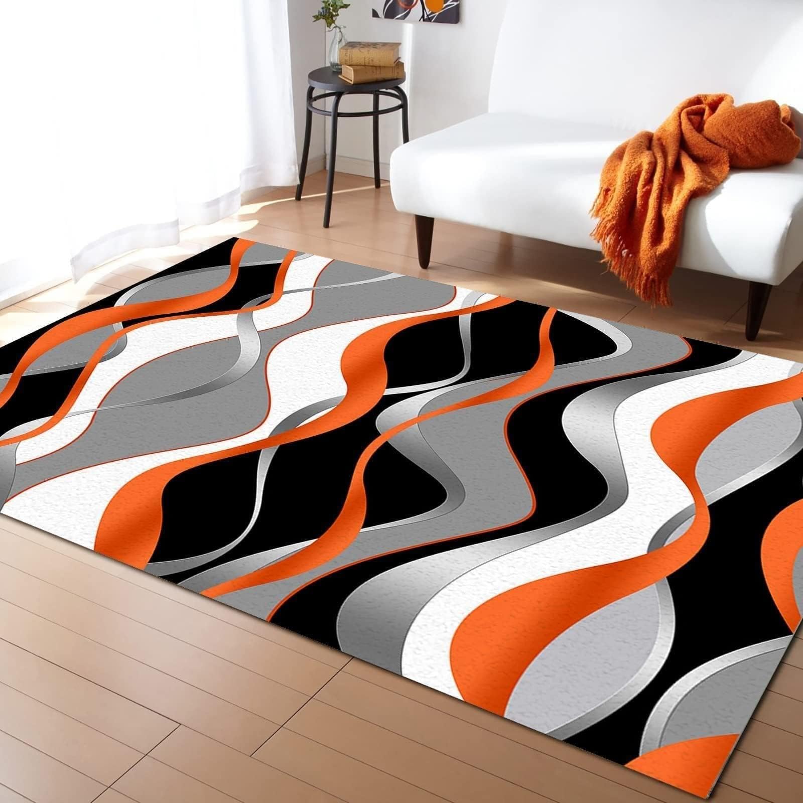 Tapis de Salon Moderne Abstrait Art Géométrique 150x250cm Tapis de Décoration Ondulé Blanc Orange Noir Gris Stripes, Tapis de Sol Lavable et Antidérapant pour Chambre, Paillasson Intérieur