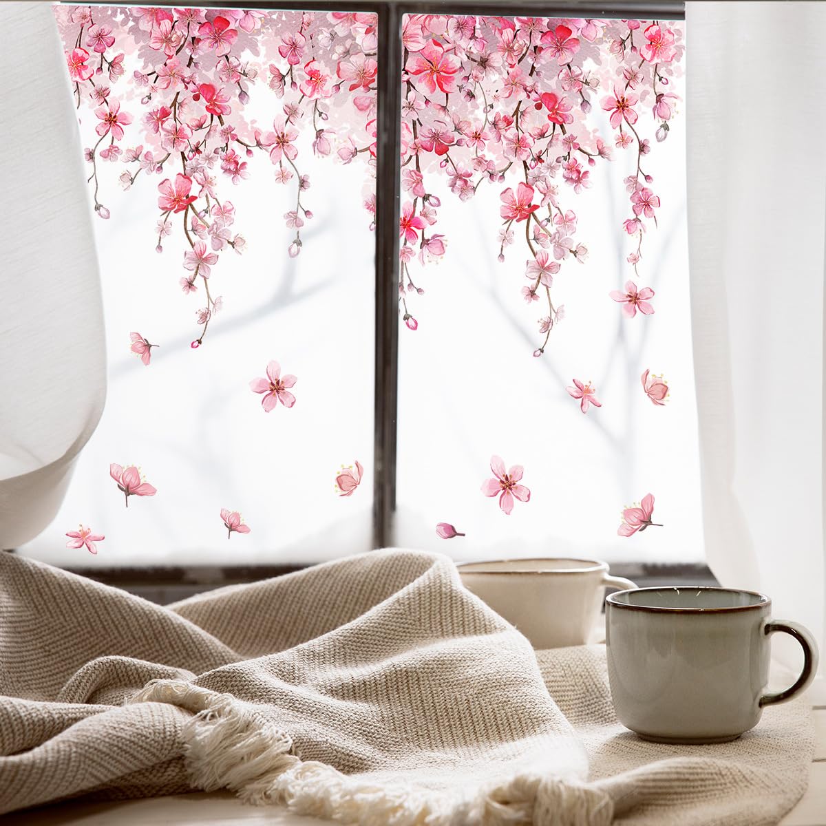 LOONELO Cherry Blossom Window Clings, Double-Sided Sakura Summer Jungle Window Stickers, Nature-Inspired Glass Decals for Bedroom, Living Room,
