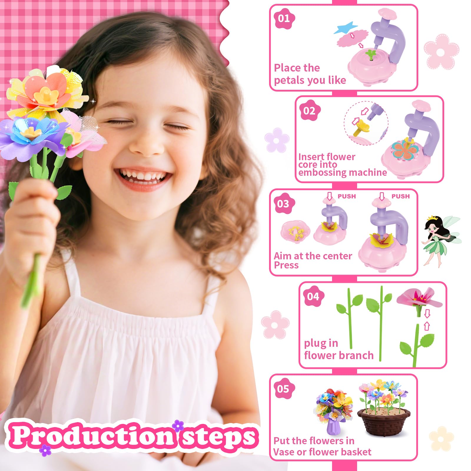 Sumsoltic Mädchen Spielzeug Blumenpresse Bastelset Kinder 4 Jahre, DIY Blumen Basteln Spielzeug Mit Blumenmaschine, Blumenstrauß Geschenke für Mädchen ab 3 4 5 6 7 8 9 10 Jahre
