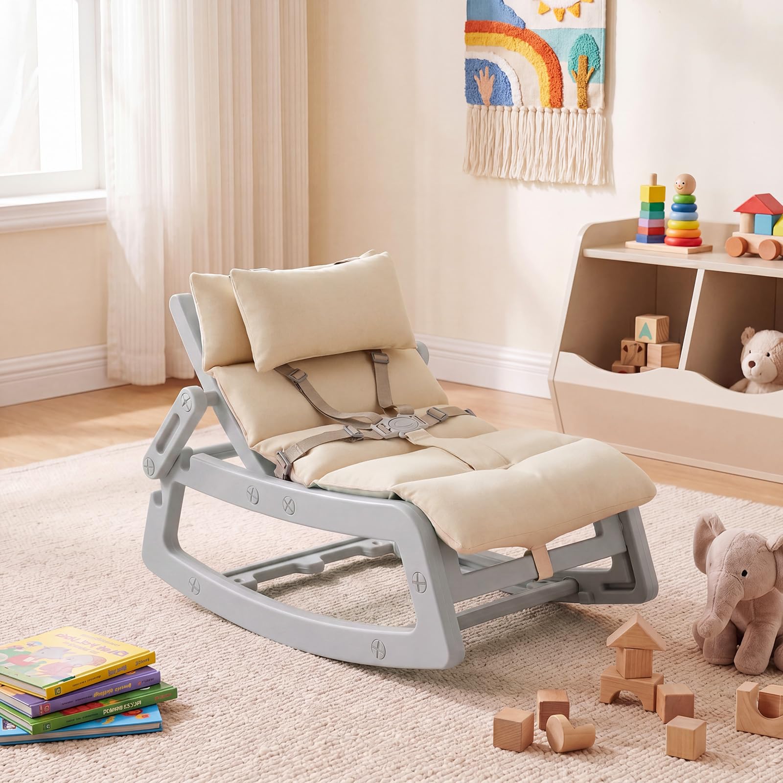COSTWAY Sedia a Dondolo per Bambini, Sdraietta a Dondolo Imbottita con Schienale Regolabile, Cucino Morbido, Poggiatesta Rimovibile e Cintura 5 Punti, Portata 80 kg, per Bambini 6+ Mesi (Grigio)