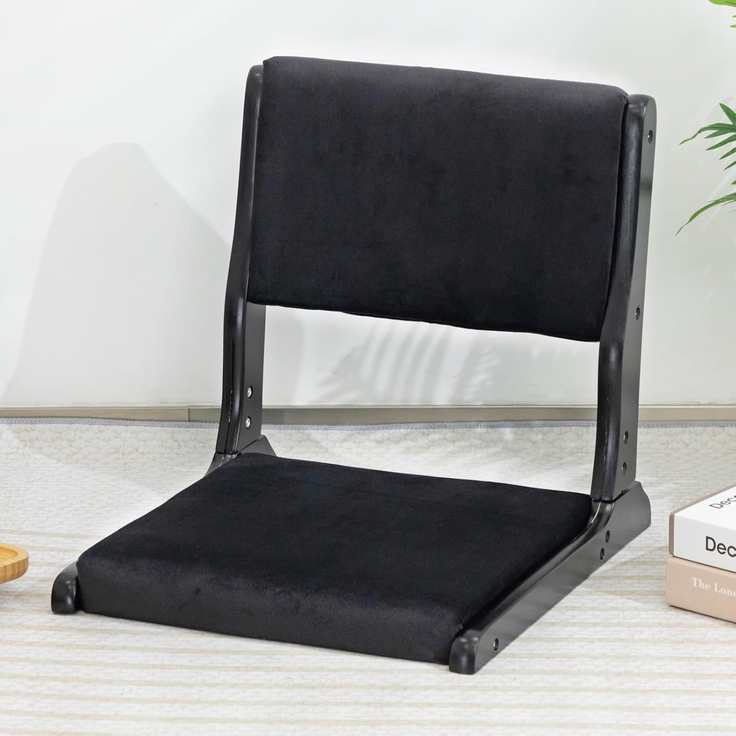 HollyHOME Foldable Tatami Chair, Upholstered Japanese Style Floor Chair, Wood Legless Back Rest Chair with Cushion, Accent Meditation Floor Seat for Bay Window, Living Room, Bedroom, Black