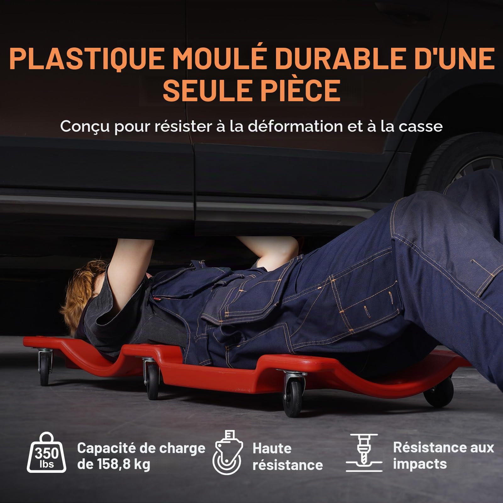 VEVOR Chariot de Visite 91,5 cm, Chariot de Mécanicien Charge 158,8 kg, en Plastique Moulé en PEHD, avec Appui-Tête Rembourré, 2 Plateaux à Outils et 6 Roues, pour Garage, Atelier, Réparation Auto