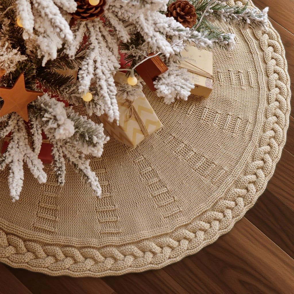 36 inch Christmas Tree Skirt: Pencil Tree Skirt for 6ft Tree, Cable Knit Beige Small Tree Skirt, Vintage Tree Skirts, Rustic Farmhouse Christmas Decorations