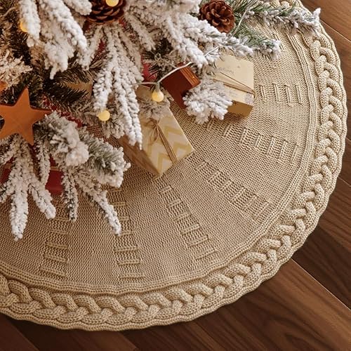 36 inch Christmas Tree Skirt: Pencil Tree Skirt for 6ft Tree, Cable Knit Beige Small Tree Skirt, Vintage Tree Skirts, Rustic Farmhouse Christmas
