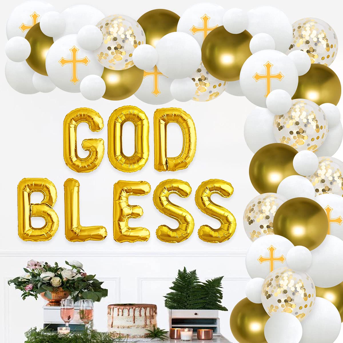 Buy God Bless Party Decorations White and Gold Balloon Garland Kit