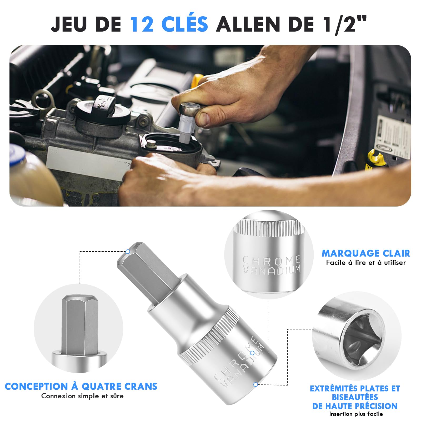 12 Pièces Jeu de Douille Allen 1/2,5-22mm Douilles à Choc Hexagonales,Douille Allen Douilles en Acier à Outils Avec étui Portable,Couple élevé,Anti Corrosion pour l'automobile et l'industrie (Bleu)