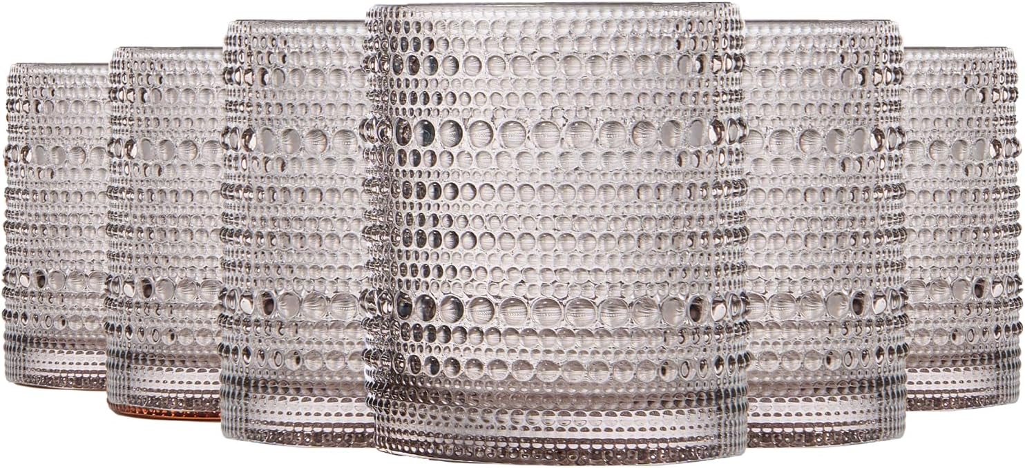 Khen Beaded Tumbler Drinking Glasses Set | Set of 6 | Vintage Hobnail 11 OZ Bubble Design Whiskey Glassware, Old-Fashioned, Embossed Design Glass for Water, Wine, Cocktail HAND WASH ONLY (Grey)