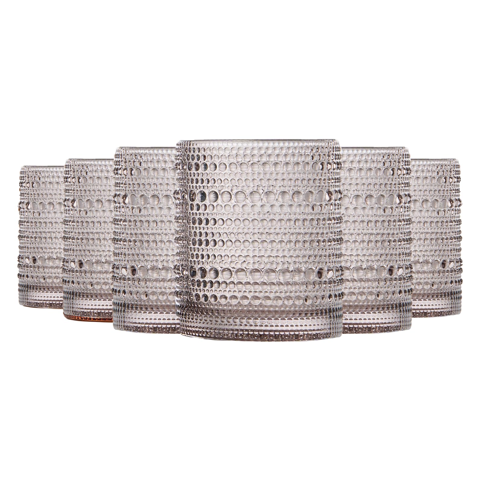 Khen Beaded Tumbler Drinking Glasses Set | Set of 6 | Vintage Hobnail 11 OZ Bubble Design Whiskey Glassware, Old-Fashioned, Embossed Design Glass for Water, Wine, Cocktail HAND WASH ONLY (Grey)