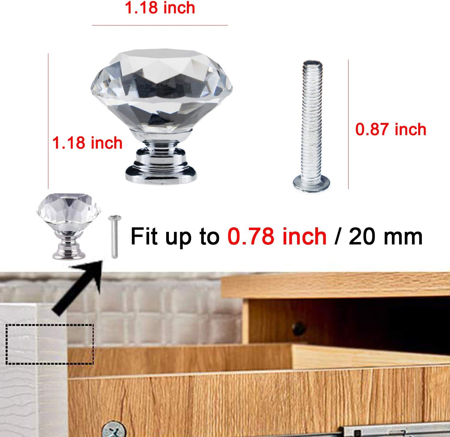 YourGift 12 Pack Drawer Knobs Diamond Shaped Crystal Glass 30mm Cabinet Knobs Pull Handles (Silver)
