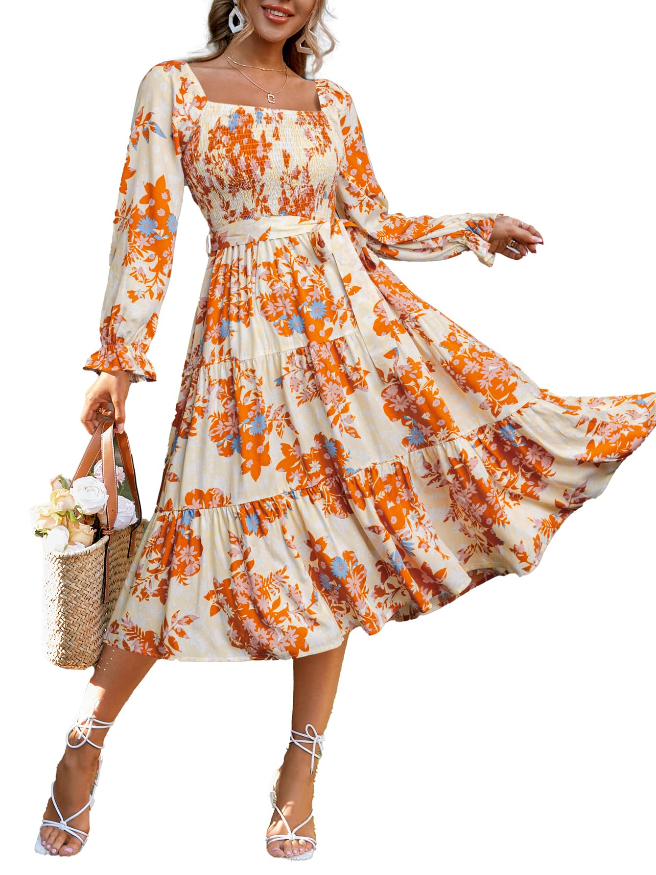 Simplee Womens Long Sleeve Maxi Dress Casual Square Neck Smocked Flowy Fall Wedding Guest Dresses
