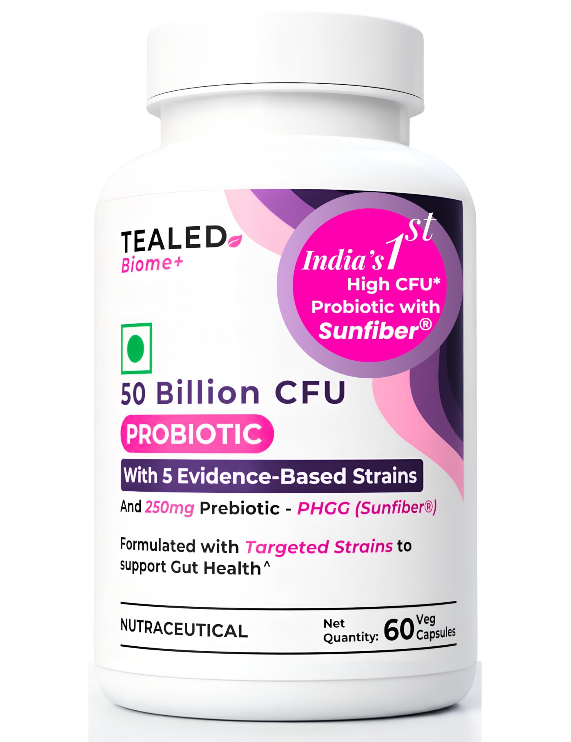 Tealed Biome+ Probiotic | 50 Billion CFU | 5 Evidence Based Strains + Sunfiber® 250mg Clinically Researched Prebiotic | Gut Health | Immunity | Bloating Relief | 60 Vegan Capsules-picture-29