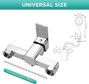 Wall Mounted Shower Mixer Tap Set Manual Exposed Shower Mixer Valve with G1/2 Outlet (UP) Bathroom Tub Mixer Tap Chrome Shower Faucet with 3-Spray Shower Head, Holder, 1.5M Hose