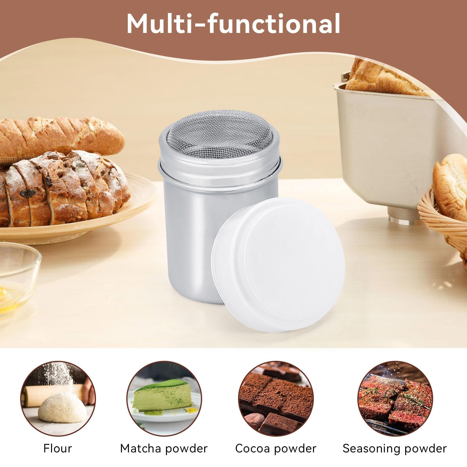 Spargi Zucchero,Spargi Cacao in Acciaio Inossidabile Dispenser Cacao in Polvere,Powdered Sugar Shaker,Spargicacao Spargi a velo Spargizucchero per Farina Cacao Setaccio per Farina di Caffè con Shaker