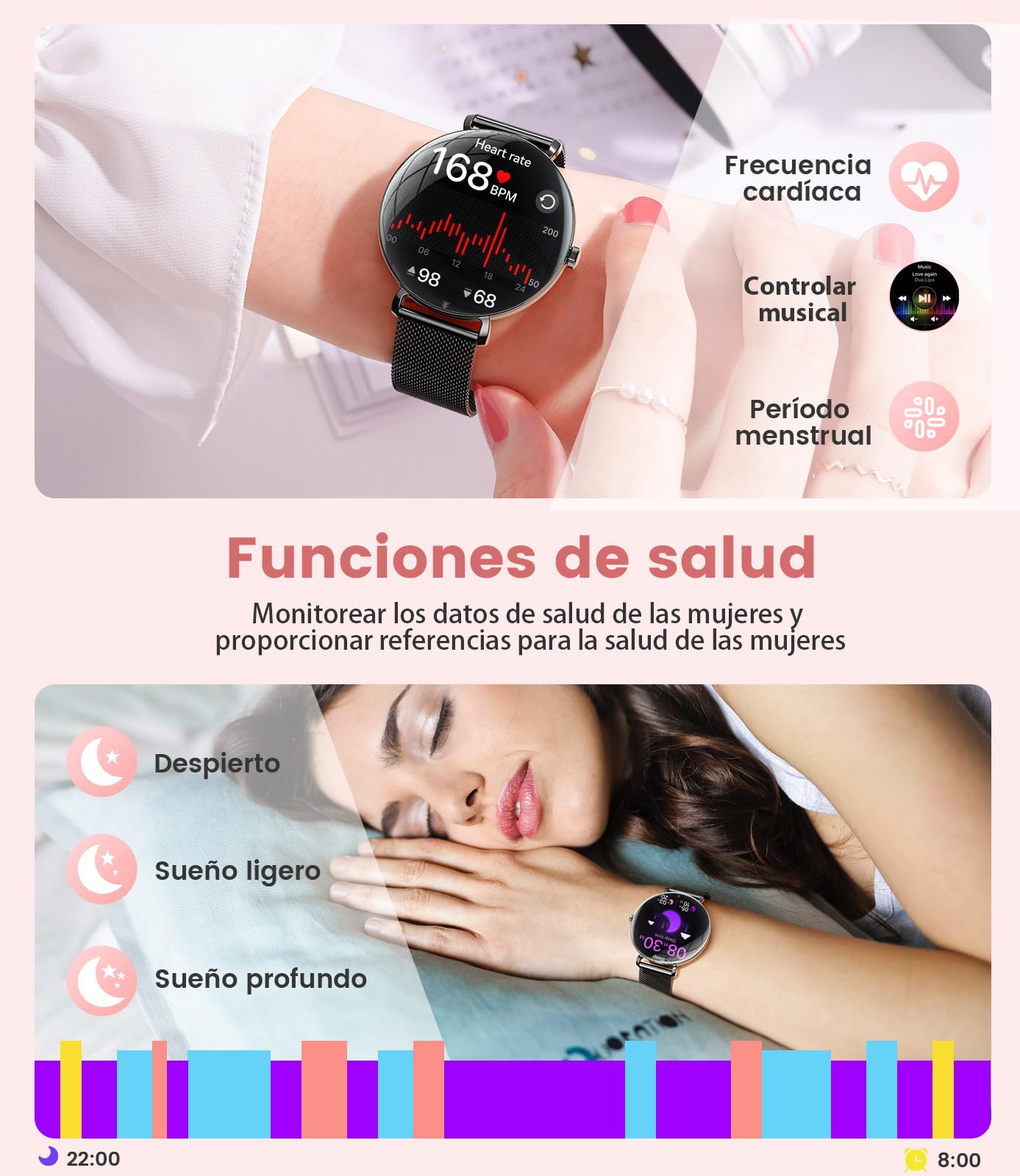 Reloj Inteligente Para Mujer, 1,43" HD AMOLED Smartwatch Con Android iOS, Llamada Bluetooth, Salud Femenina/100+ Modos Deportivos, 100+ Diales, Recordatorio De Mensaje, 5ATM Sellado, Memoria De 128 MB