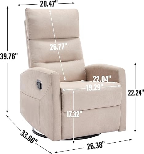Miniatura 9 de PELUMY Silla reclinable manual con giro y balanceo de 360, sillón reclinable de tela para sala de estar, dormitorio, guardería, montaje sin
