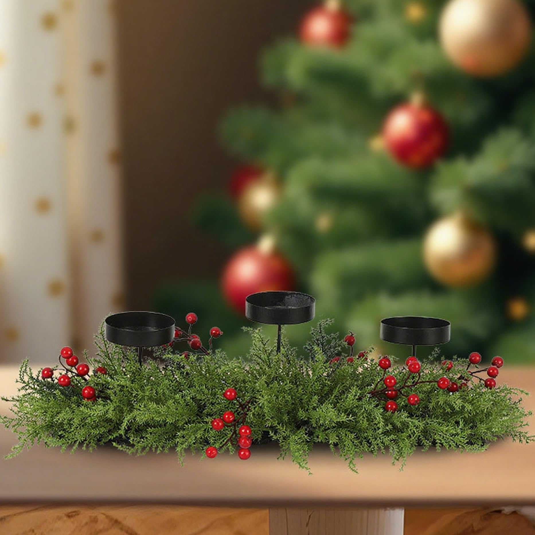 Centrotavola Natalizi per Tavola 3 Portacandele con Pino Bacche Rosse Decorazione da Tavola Decoro per la Natalizio - Decor