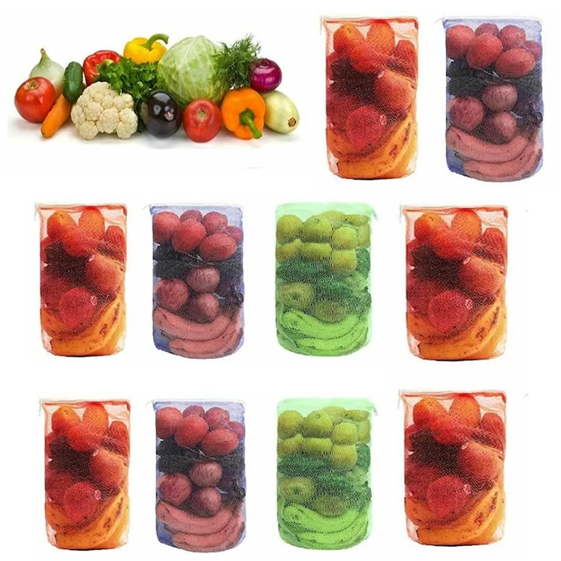 Shibui Vegetable bags for Fridge Storage Net Bag Vegetable and Fruit Reusable Produce Mesh Bags Grocery Shopping & Washable Reusable ziplock Multicolor. (Pack of 10)