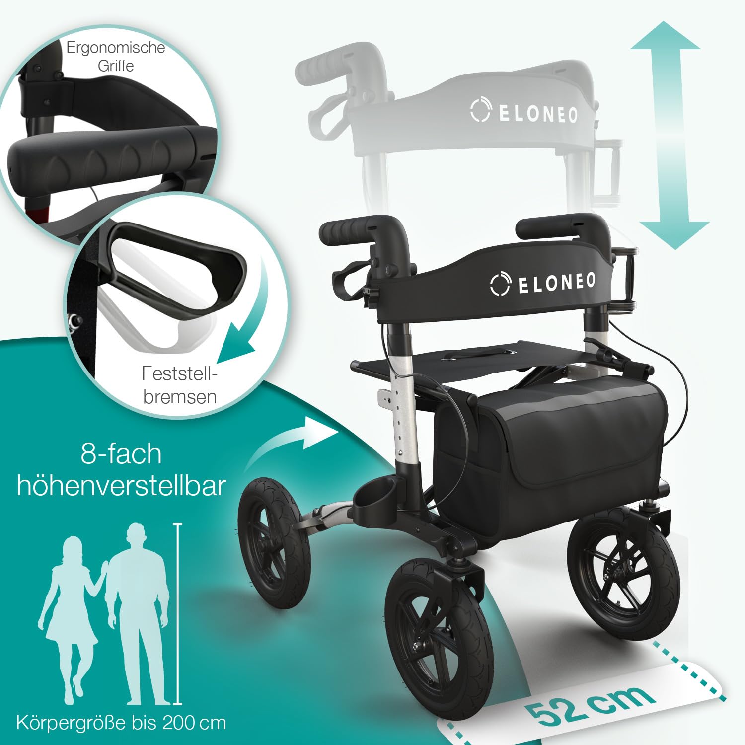 ELONEO Rollator faltbar und leicht mit Sitz, Outdoor Rollator mit Luftbereifung inkl. Sitzfläche, Rückengurt, höhenverstellbare Gehhilfe aus Aluminium inkl. Tasche und Stockhalter Silber