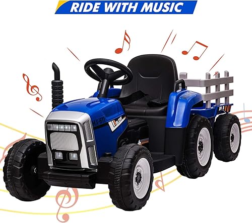 Miniatura 3 de Tractor eléctrico de 12V para niños con batería, con remolque, vehículo de paseo para niños con control remoto, 7 faros LED, cambios de marcha 2+1,
