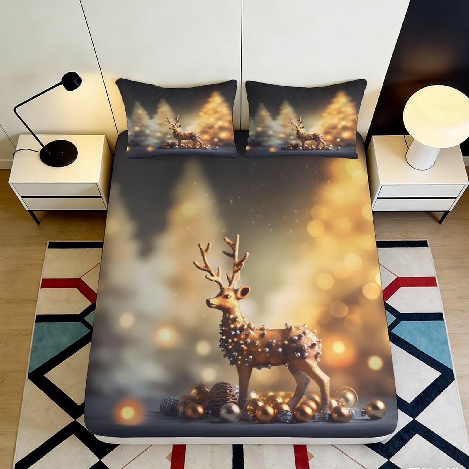 3D Printed Golden Reindeer Fitted Sheet Microfiber Soft Christmas Light Forest Bed Cover for Bedroom Guest Room 90x200x25cm