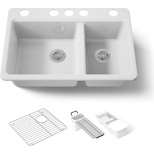 Riverby® 33" x 22" x 9-5/8" under-mount large/medium double-bowl kitchen sink with accessories and 5 oversized faucet holes