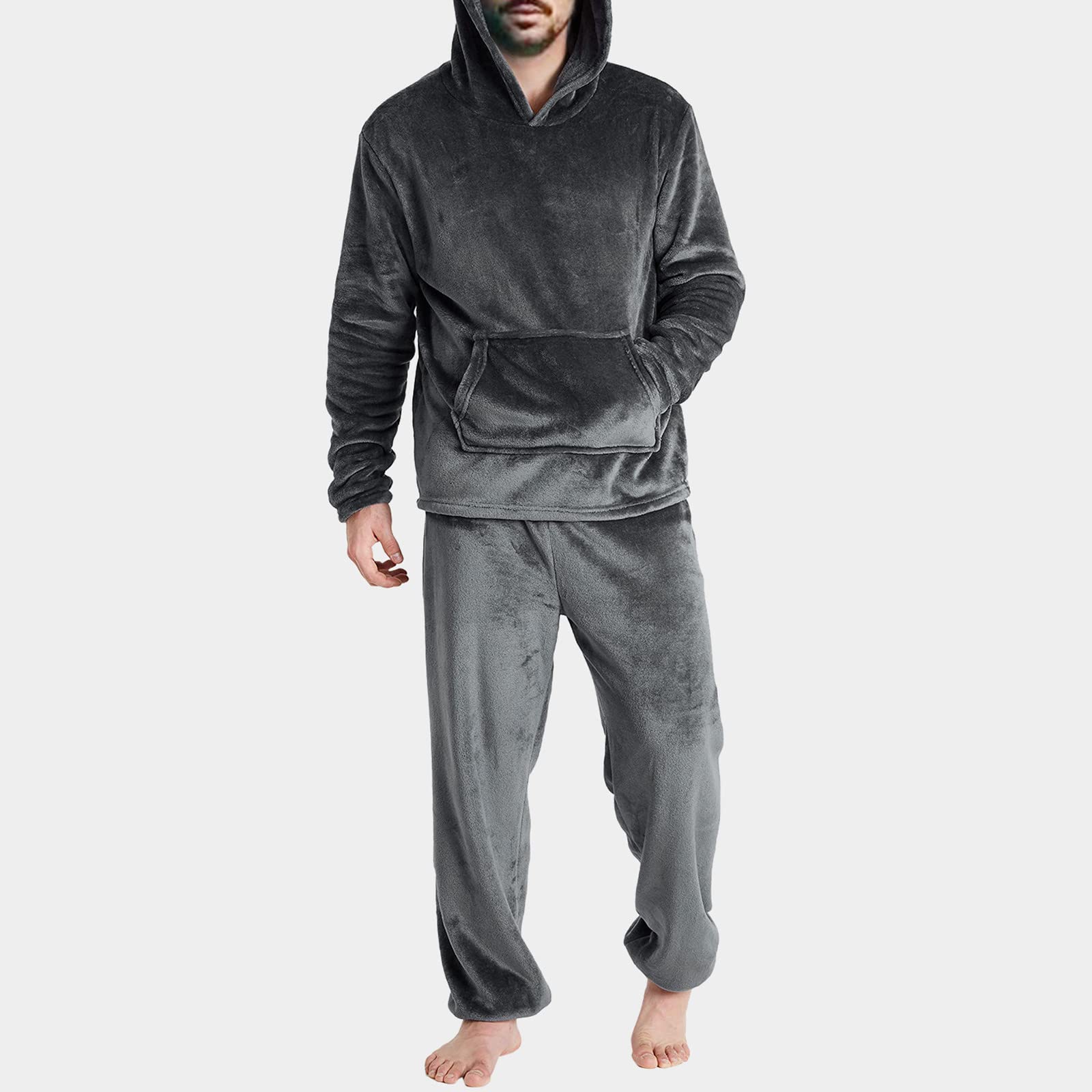 Pigiama lungo da uomo, in flanella, set da 2 pezzi, in pile, con cappuccio e pantaloni da sonno, per la casa, per l'inverno, per ragazzi