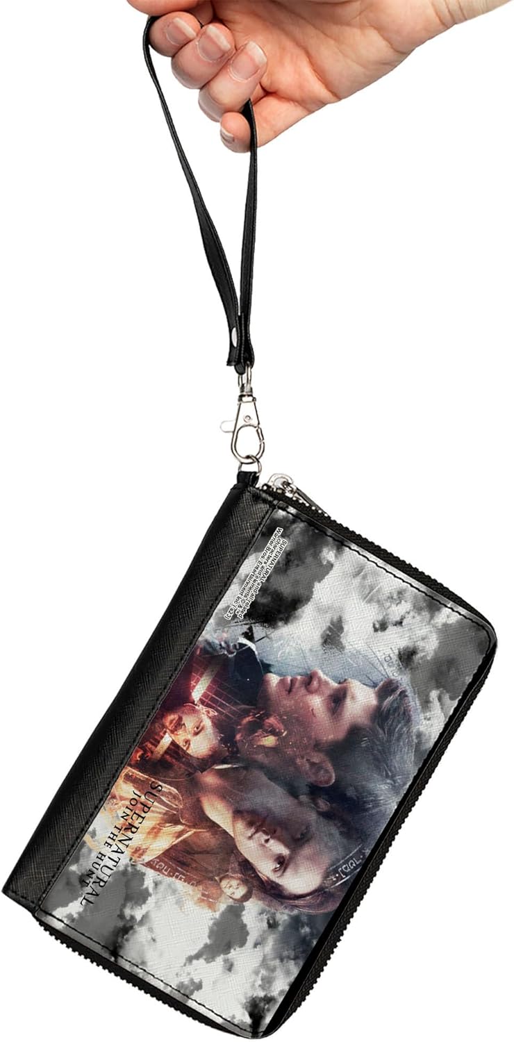 Supernatural Wallet, Zip Around, Supernatural 4-Character Collage in Clouds Grays/Sepia, Vegan Leather