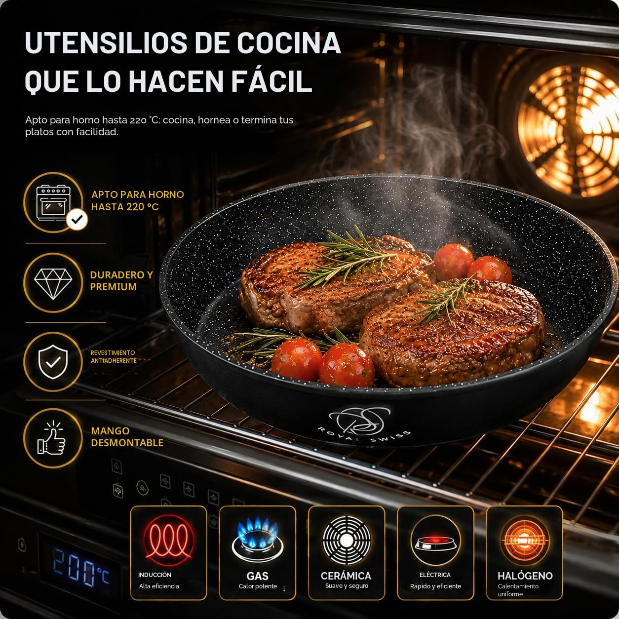 Royal Swiss® Set de ollas, 4 piezas, mango desmontable, revestimiento de mármol, inducción, sin PFAS, para todo tipo de fuentes de calor, negro (negro, 4)