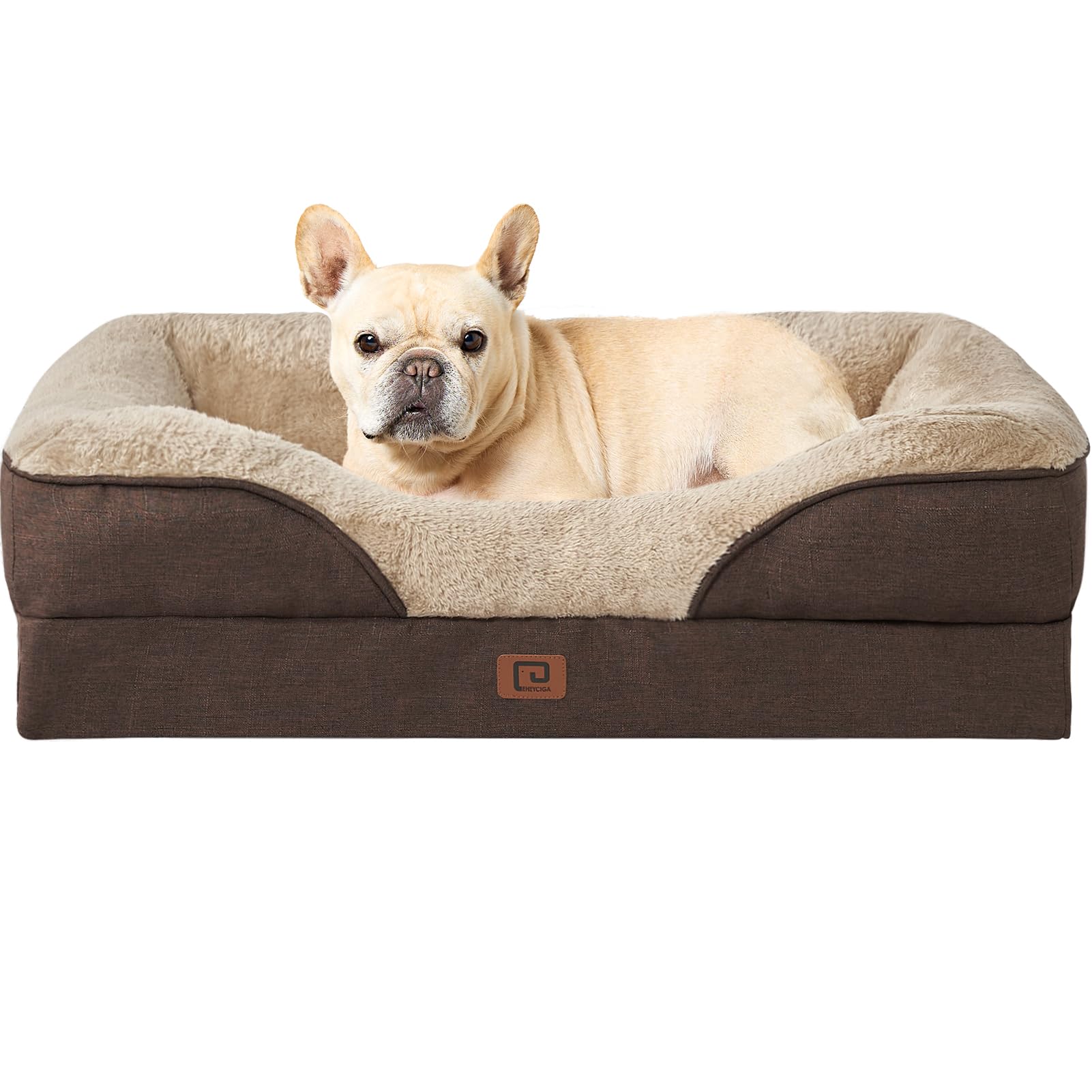 EHEYCIGA Memory Foam Cuccia Cane Interno Taglia Media, Impermeabile Divano per Cani Sfoderabile e Lavabile, Letto per Cani con 4 Bordi Rialzati, Marrone, 76x51x16.5cm