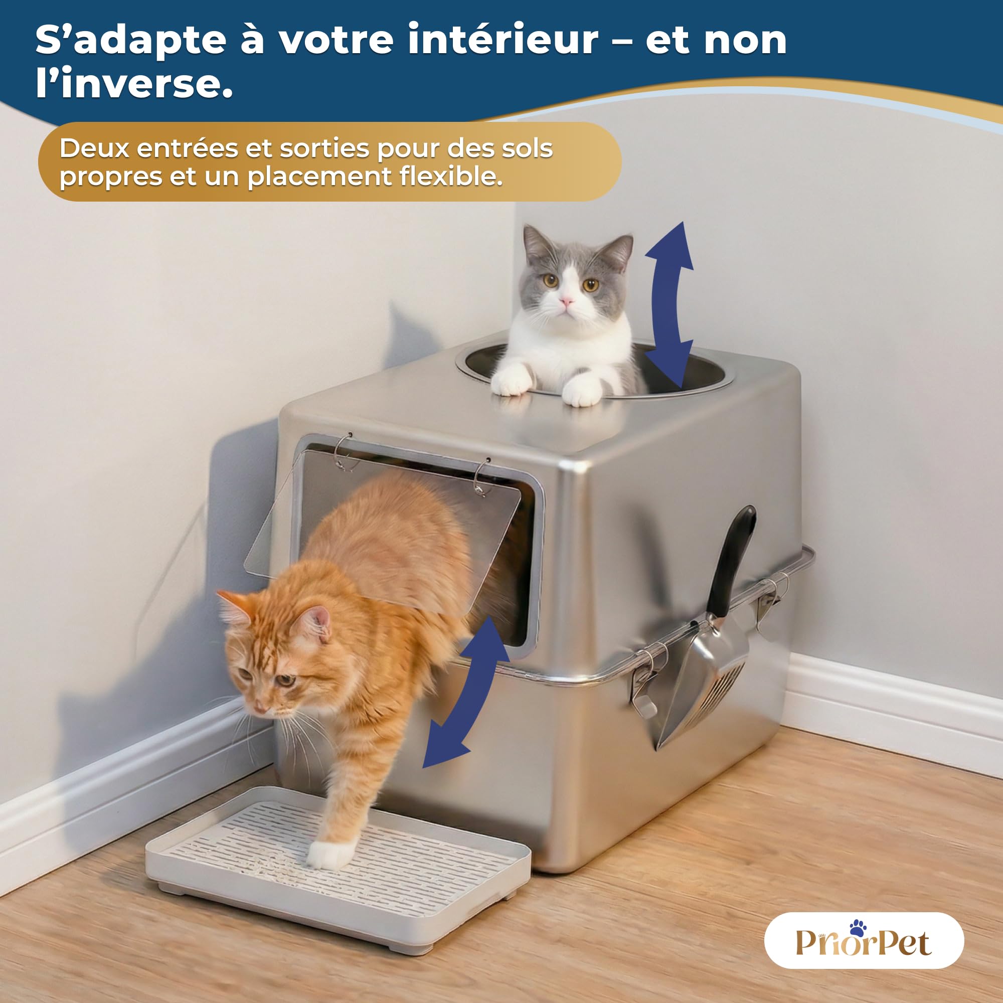 Litiere pour Chat INOX XXL – Bac litière pour Chat avec Porte Frontale & Entrée Supérieure – Grand Bac 60x41,5x40 cm – Facile à Nettoyer & Résistant aux Odeurs avec Marche Récupérateur
