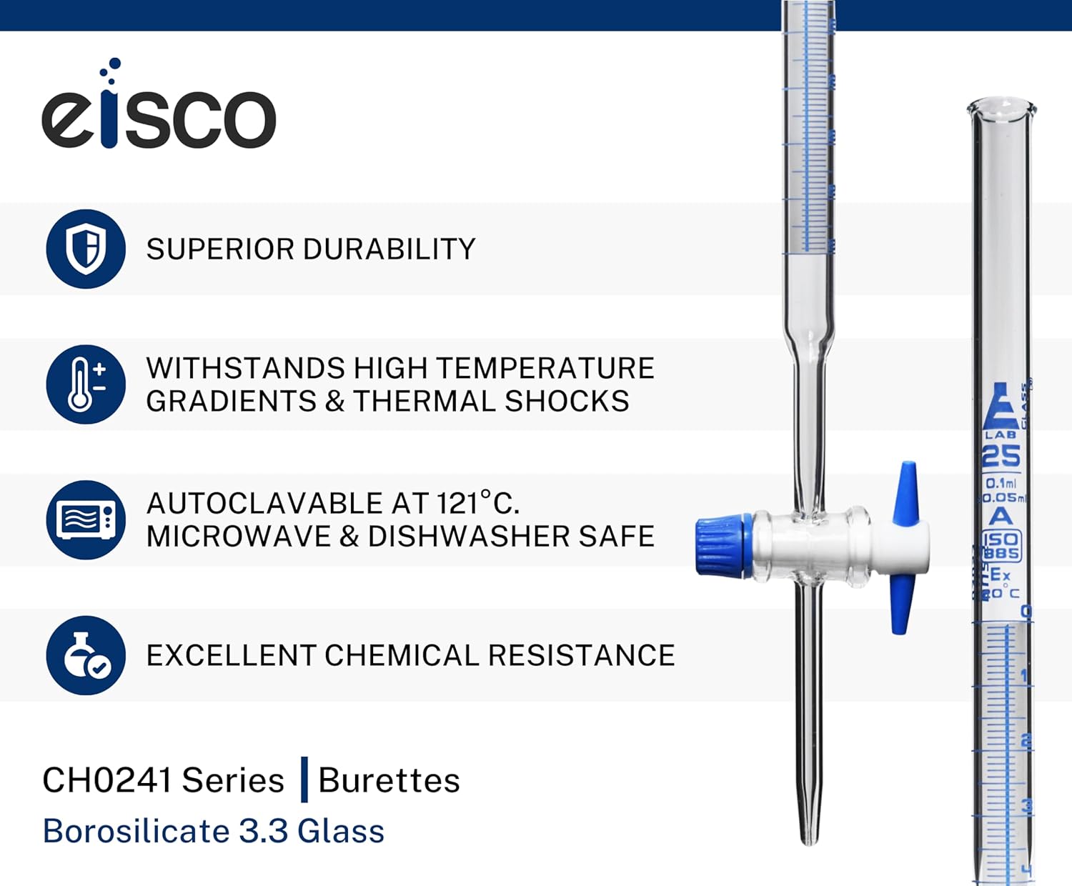 EISCO 25ml Schellbach Glass Burette - Class A - PTFE Stopcock
