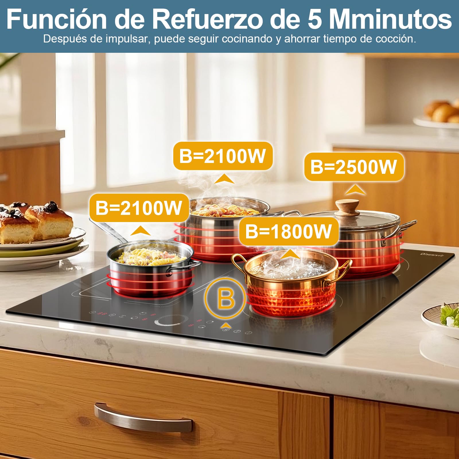 Placa Induccion 4 Fuegos 7200W, Placa de Inducción Integrada 4 Placas Disaenvir, Vitroceramica Induccion Flexible Zone, Función Boost, 9 Puestos, con Temporizador, Anti-Touch-Funktion