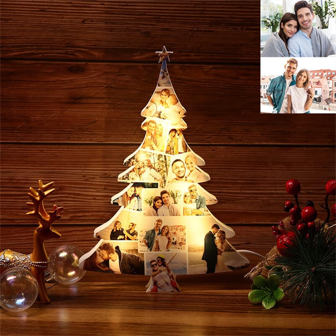 Custom Christmas Tree Photo Lights Personalized 10 Photos LED Family Tabletop Christmastree Lamp for Wedding Party Holiday Decoration Light (Christmas Tree Photo)