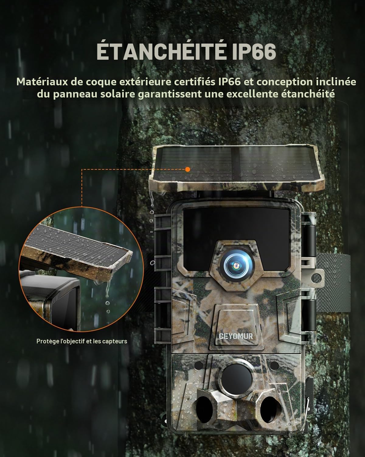 CEYOMUR Camera de Chasse Solaire 4K 30fps, WiFi Bluetooth 64MP Caméra de Chasse, Angle de détection 120° Vision Nocturne IP66 étanche pour Surveillance des Animaux Sauvages avec Carte SD 32GB