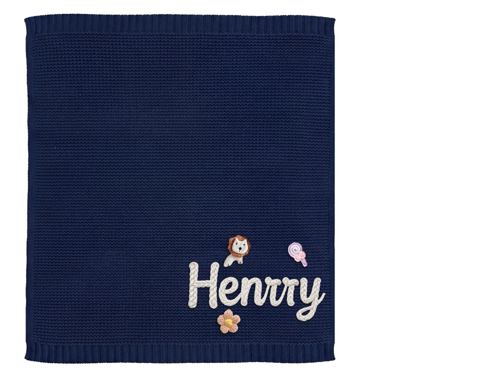 CGFN Personalised Baby Blanket with Name for Newborn Boys & Girls, Pure Knitted Cotton, Unique Christening, Soft Keepsake Blanket 100x80cm (Navy)