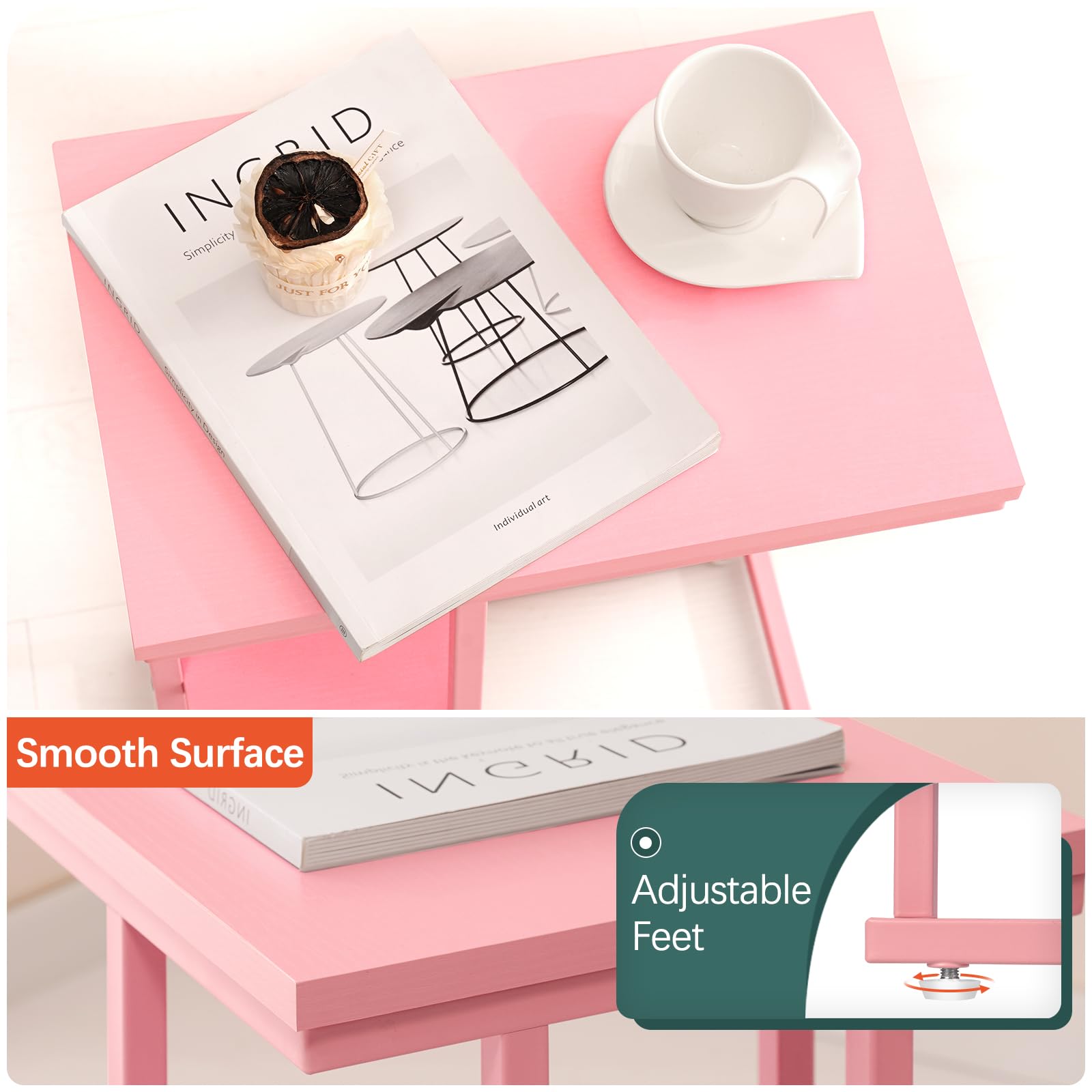 Yoobure C Shaped End Table, Side Table for Couch and Bed, Small Side Table for Small Spaces, Living Room, Bedroom, Rustic Snack Table, Pink