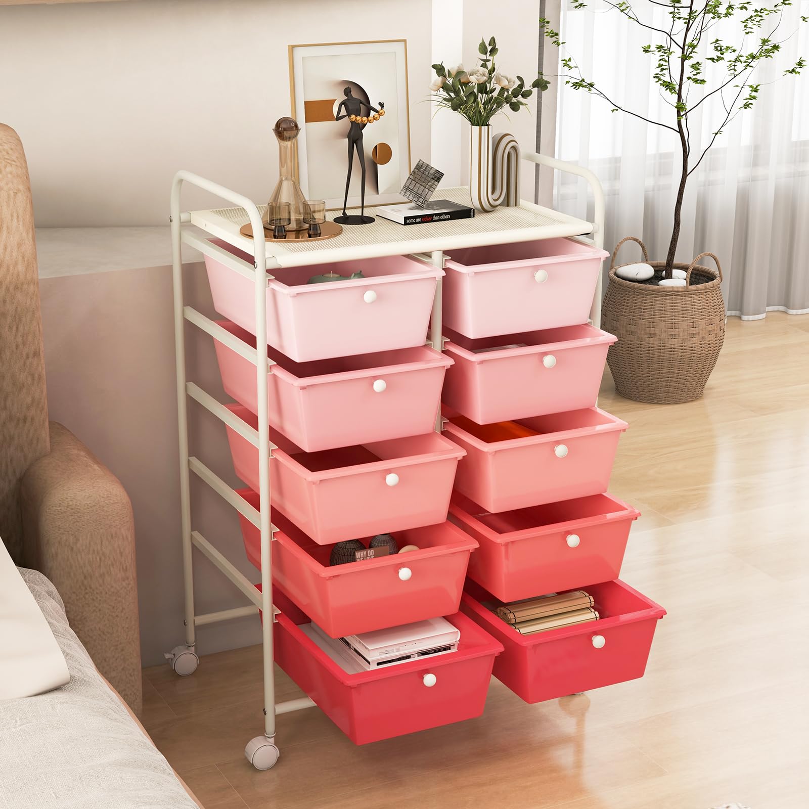GYMAX Carrello Portaoggetti a 10 Cassetti con Ruote Bloccabili, Carrello di Stoccaggio, Leggero Multifunzione per Scuola, Ufficio, Casa, Studio, 65,5 x 37 x 87 cm (Rosa)