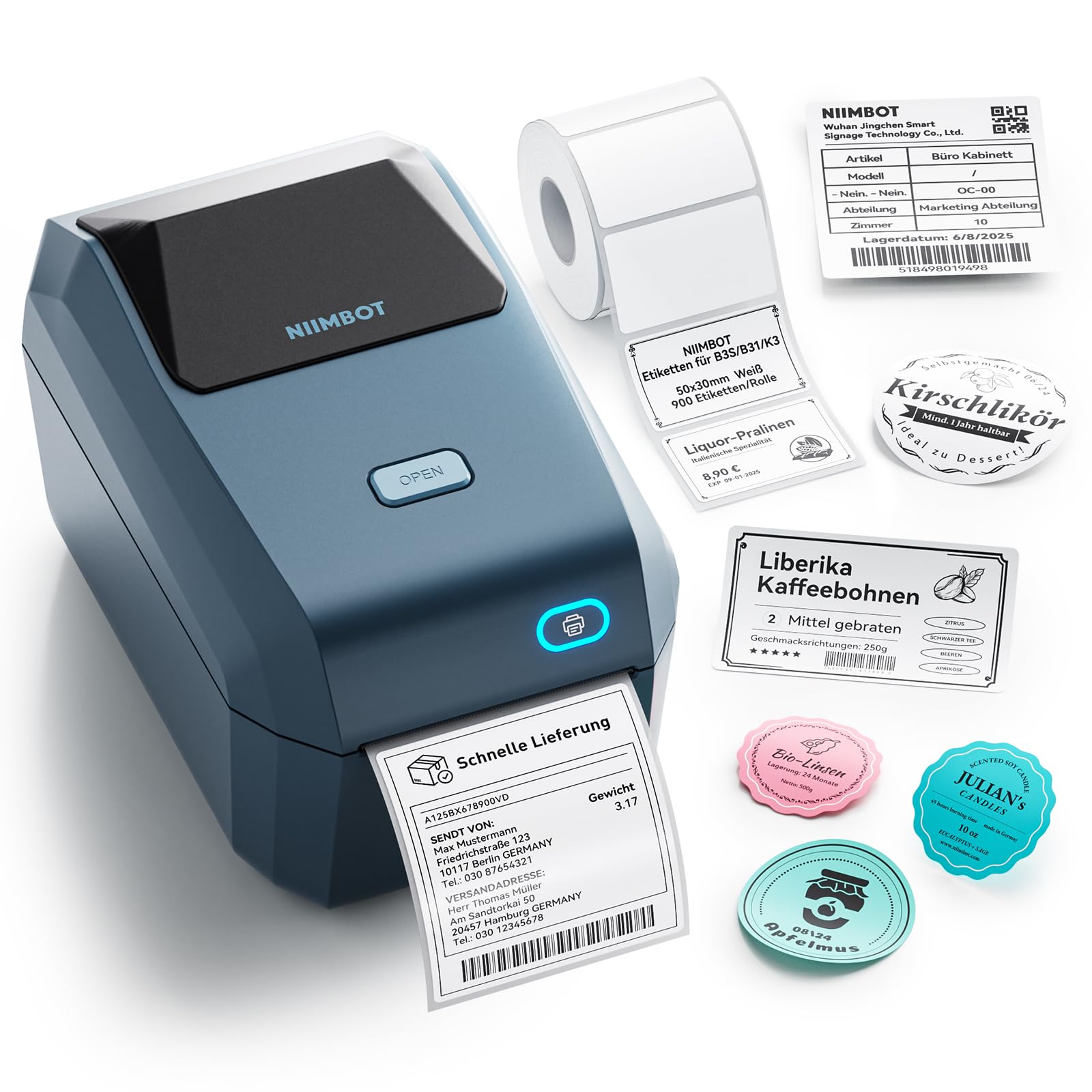 NIIMBOT Bluetooth Etikettendrucker mit Breitformat-Etiketten (50mmx30mm), Thermodrucker 3x4 Zoll Versandetiketten Drucker, Etikettiergerät Label Printer für Barcode, Einzelhandel, kleine Unternehmen