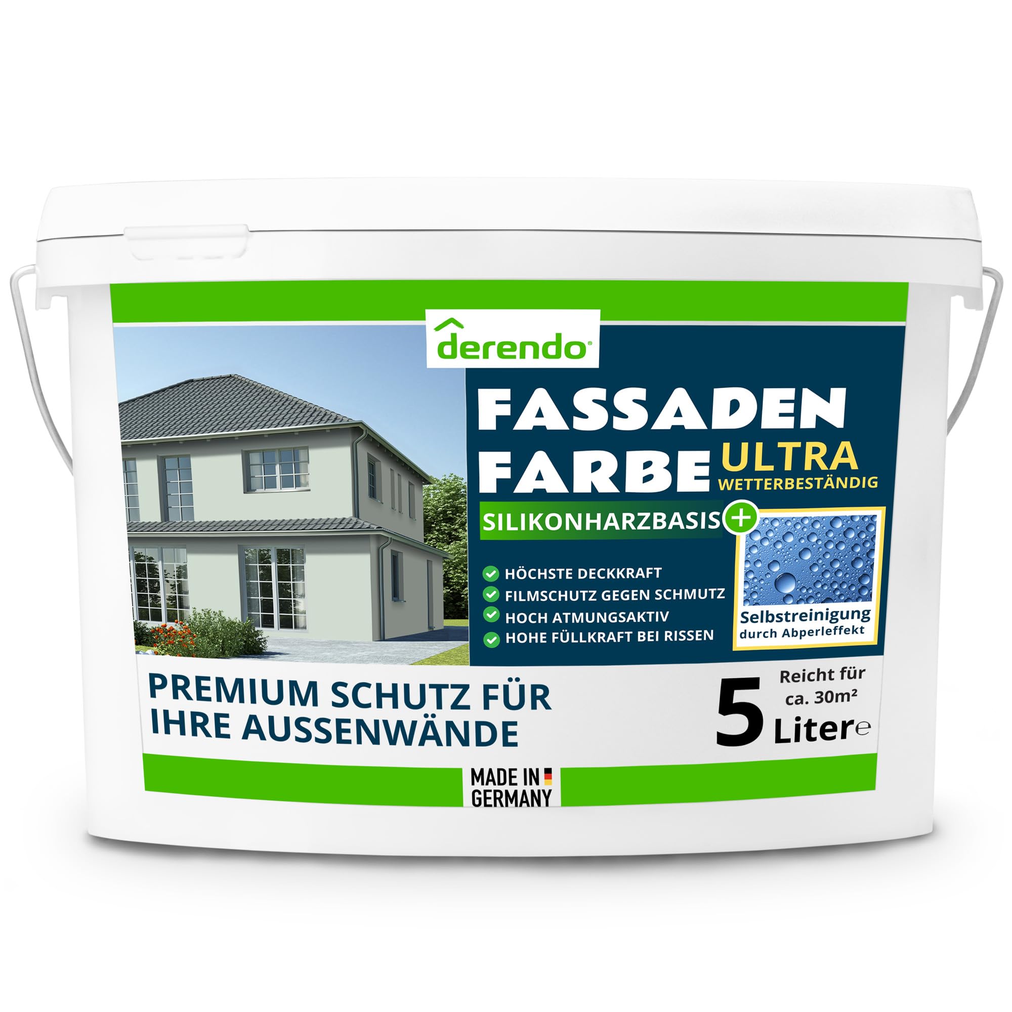 derendo Fassadenfarbe Grün ULTRA Silikonharzfarbe Salbeigrün aussen 5l | Für Putz Beton, Abperleffekt, wasserabweisend, UV-beständig, hohe Deckkraft, rissfüllend, diffusionsoffen, Made in Germany,