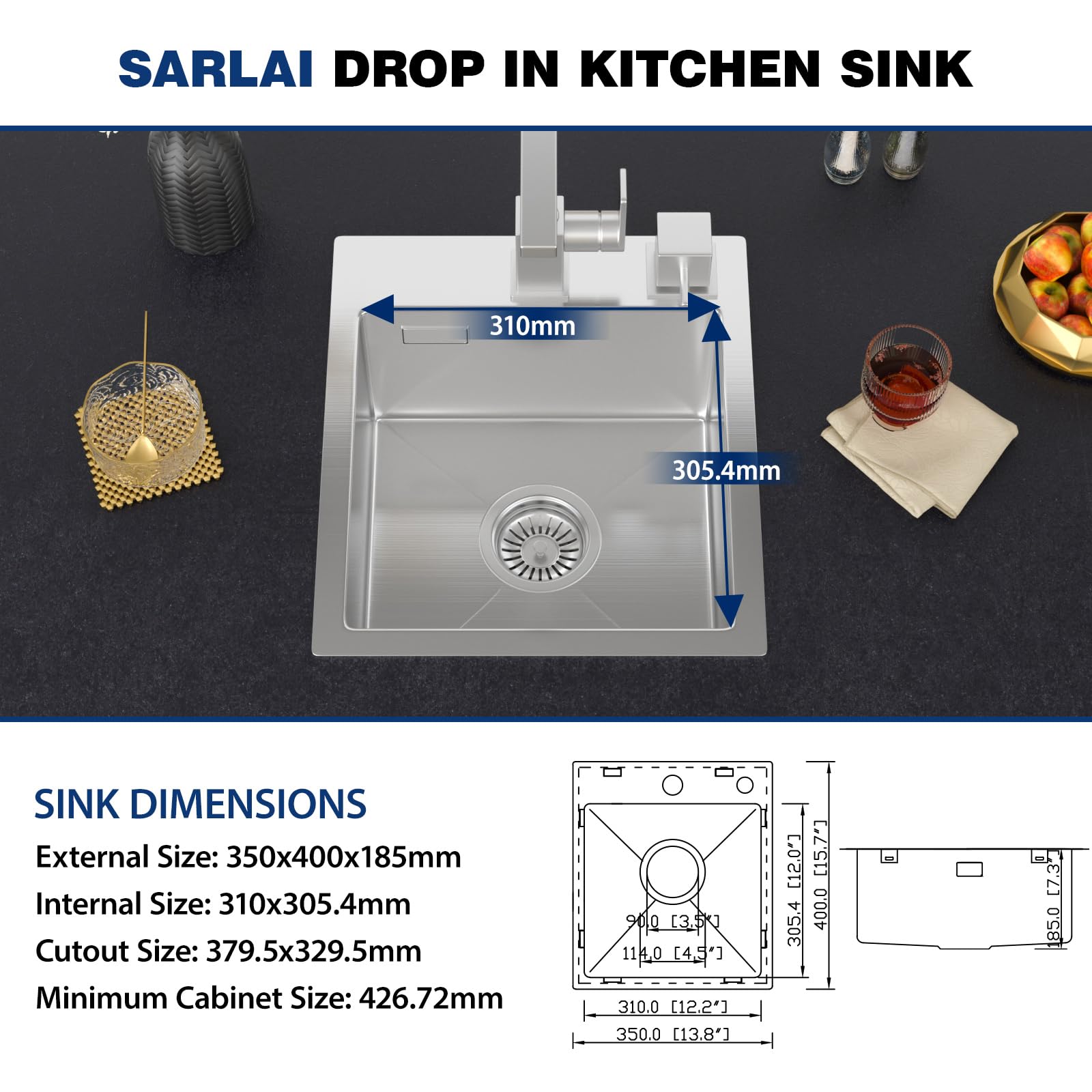 Sarlai Fregadero de cocina de acero inoxidable 304 de 35 x 40 x 18,5 cm con rebosadero | Fregadero pequeño de montaje superior con 2 agujeros para grifo, cuenco para cocina, bar, caravana y exteriores