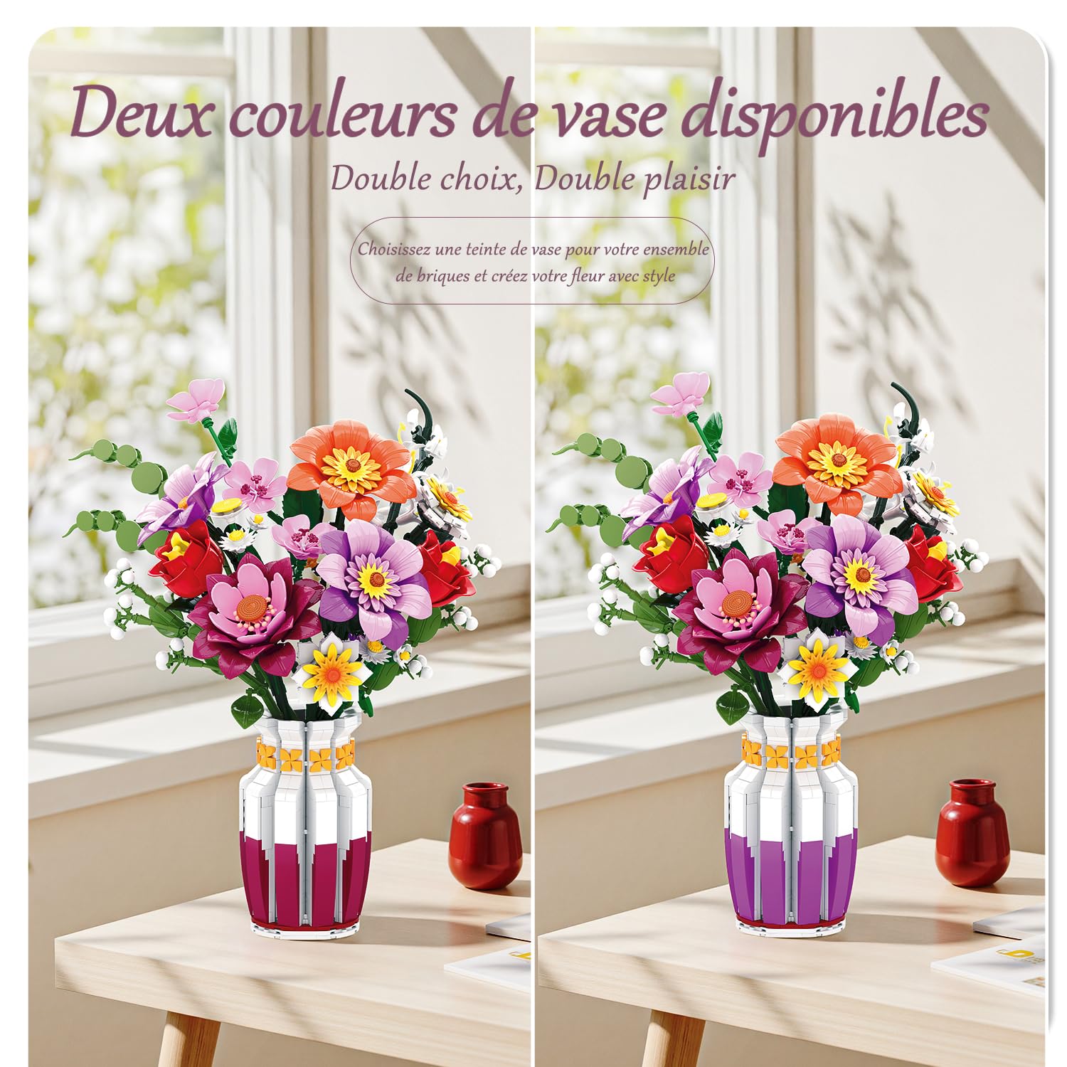 Set de Construction de Bouquet de Fleurs avec Vase Bicolore, 16 Bouquets de Fleurs Artificielles pour Adultes & Femmes, Compatible avec la Lego Collection de Bouquets de Fleurs Botanicals, 1278 Pièces