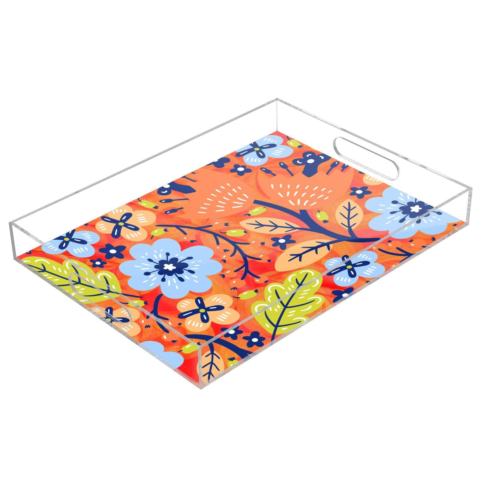 Bandejas acrílicas transparentes para servir con asas, bandeja de desayuno de 12 x 16 pulgadas, bandeja de desayuno transparente, naranja, azul, patrón de flores, bandeja impermeable para servir