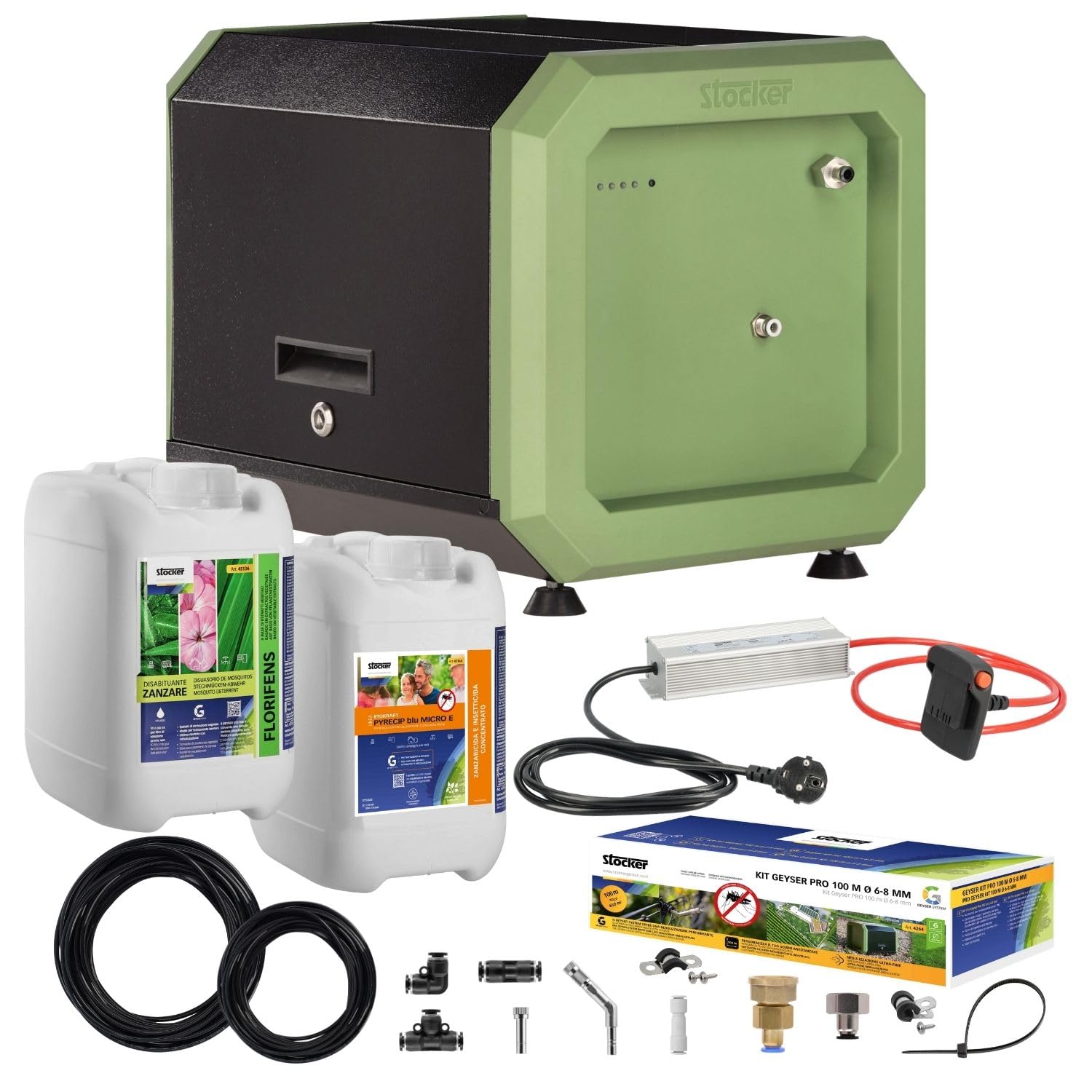 STOCKER - Kit Geyser Pro Completo 41502 - Sistema Antizanzare Automatico WiFi 240W 12 Bar, Copertura fino a 970 m² Estendibile a 3600 m², 125 m Tubo, 10 L Liquidi, Alimentazione 220V