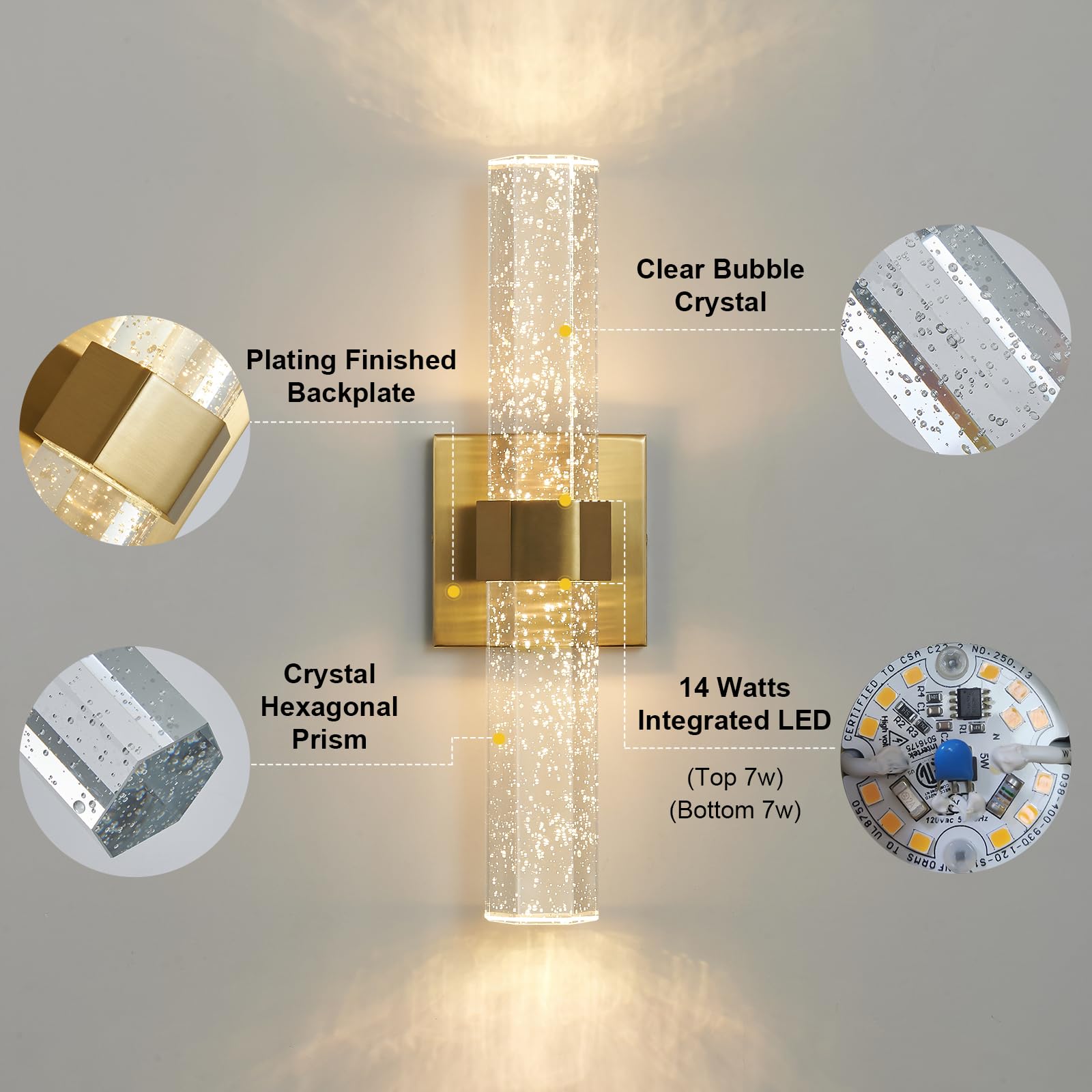 Juego de dos apliques de pared dorados, iluminación de pared LED regulable de 14 W, lámpara de baño con cristal de burbujas, luces de tocador de interior de 15.7 pulgadas para baño, pasillo, 3